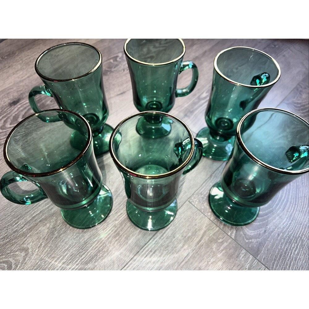 VTG Emerald Green Footed Glass Mugs Set of 6 Gold Rim Irish Coffee Cups